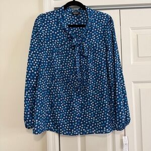 DKNY Cobalt Blue Dotted Long Sleeved Blouse Tie Neck Size Large, NWT